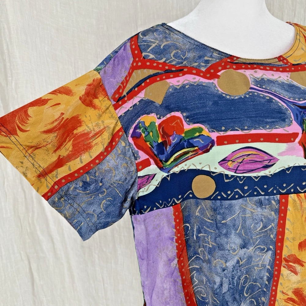 90s Colorful Artsy Indie Crop Top S Abstract Maximalist Funky Retro Vtg Rayon - Picture 2 of 5